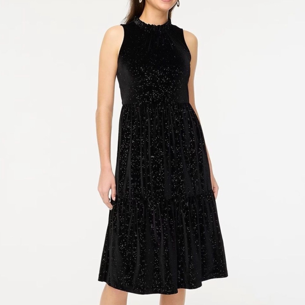 * New J Crew Black Velvet with Silver Sparkle midi Dress SZ 8 *
